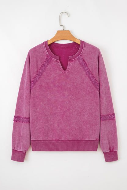Sail Blue Lace Patchwork Detail Notched Neck Mineral Wash Baggy Sweatshirt