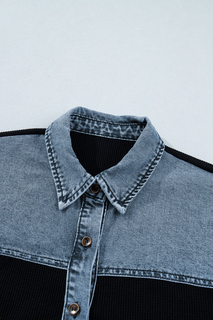 Black Textured Knit Denim Color Block Patchwork Collar Button Down Shirt