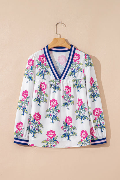 White Floral Print Striped V Neck Blouse