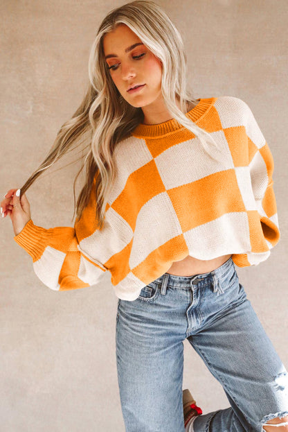 Dark Brown Checkered Bishop Sleeve Sweater