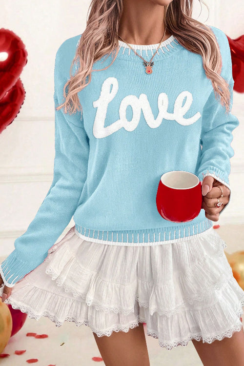 Light Blue Valentine Love Chenille Letter Graphic Sweater