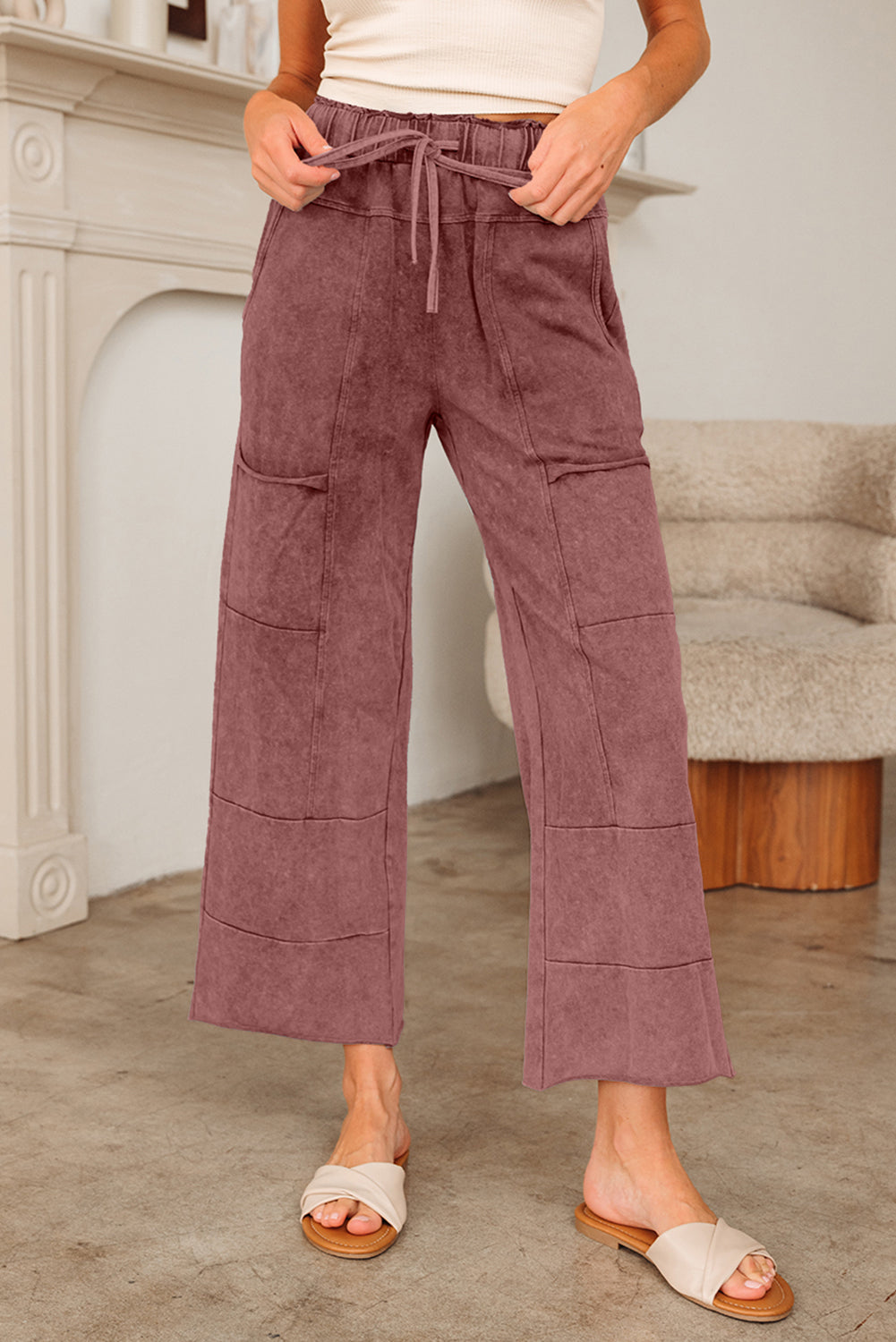 Medium Grey Mineral Wash Lace-up High Waist Raw Hem Patched Pocket Pants
