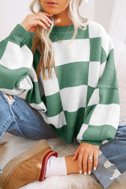 Dark Brown Checkered Bishop Sleeve Sweater