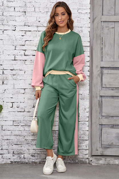Chestnut 2pcs Color Block Pullover Loose Pant Set