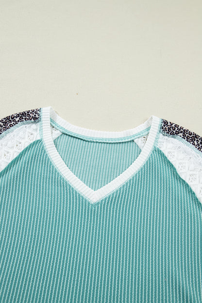 Green Bay Color Block Lace Leopard Patchwork Twisted Ribbed Tee