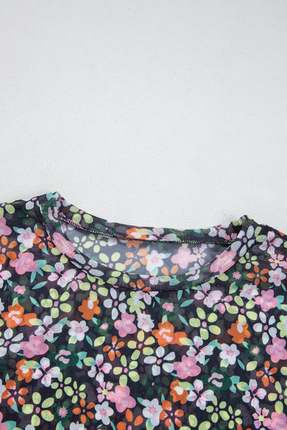 Black Sheer Floral Mesh Round Neck T Shirt