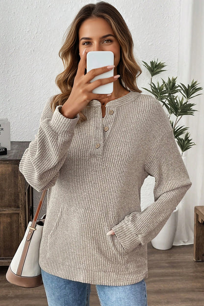 Pink Ribbed Texture Drop Shoulder Henley Knit Top