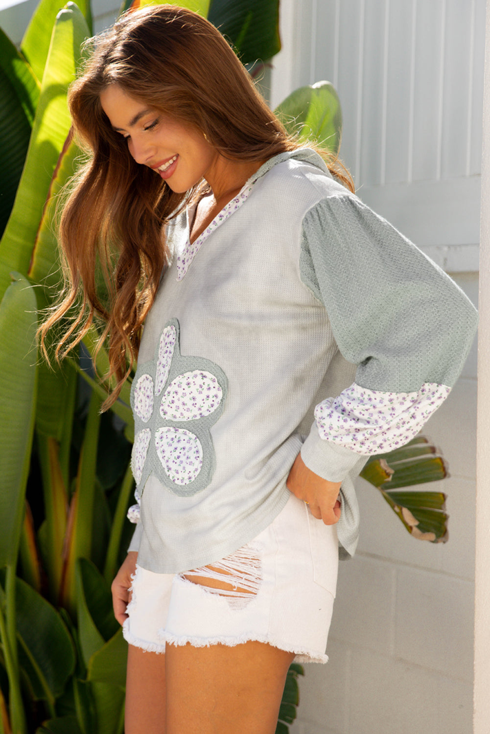 Pink Floral Patched Waffle Textured Colorblock V Neck Casual Hooded Top