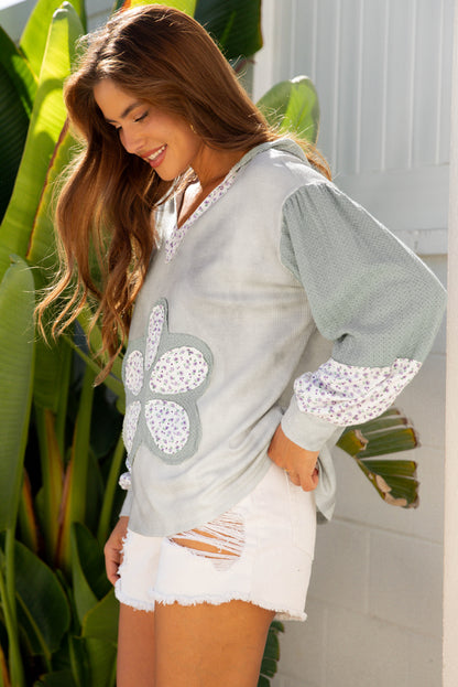 Pink Floral Patched Waffle Textured Colorblock V Neck Casual Hooded Top