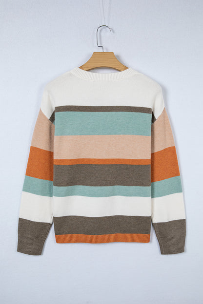 White Striped Color Block Knit Drop Shoulder Sweater