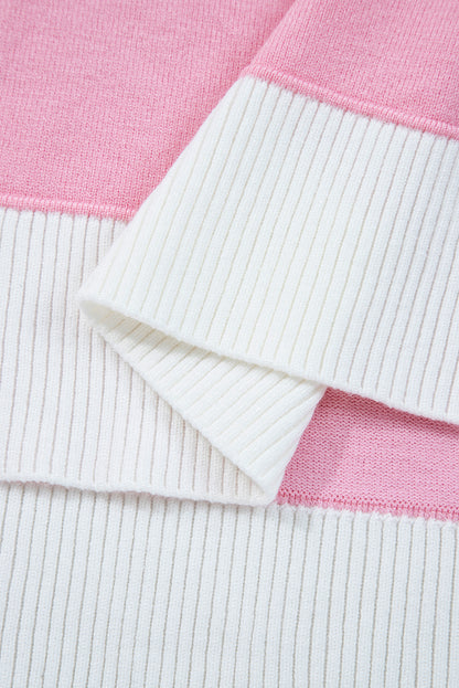 Pink Contrasting Polo Collar Color Block Knit Drop Shoulder Sweater