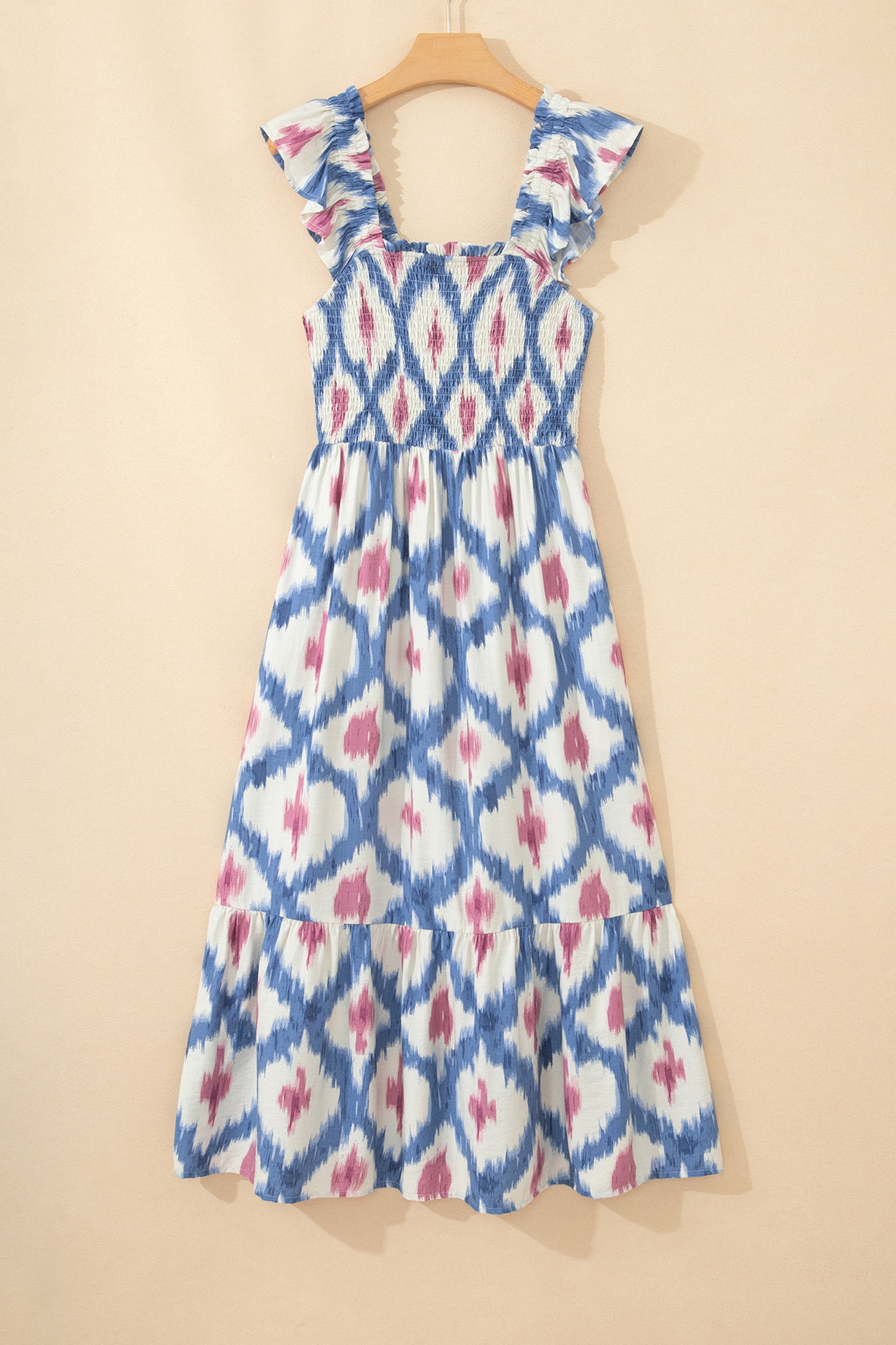 Sky Blue Ethnic Geometric Print Square Neck Smocked High Waist Ruffle Sleeve Dress