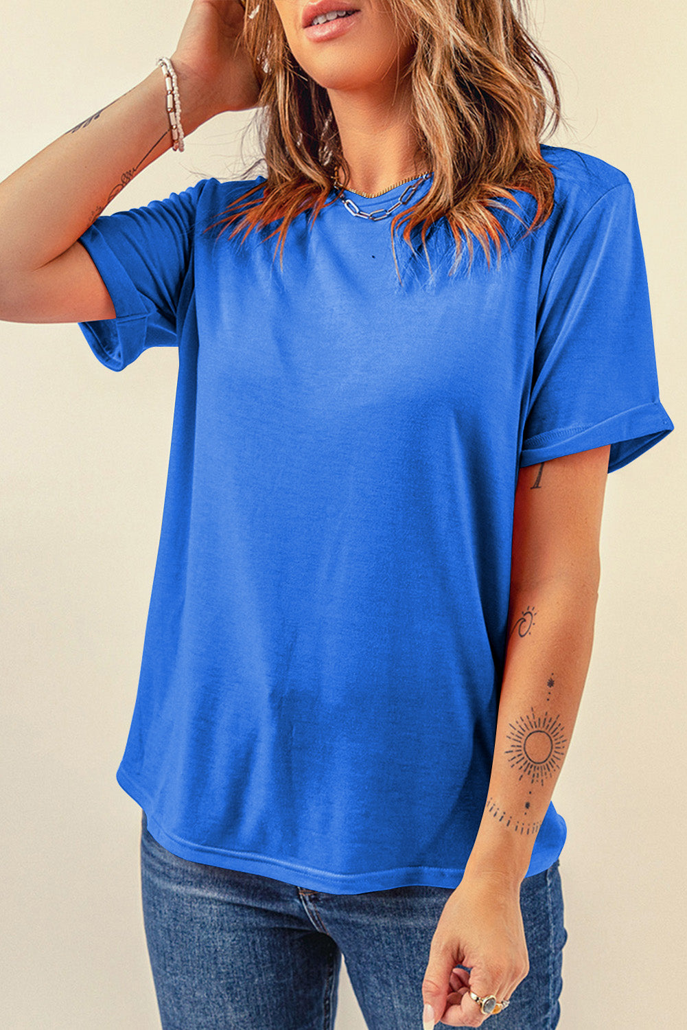 Sachet Pink Bright Casual Plain Crew Neck Tee