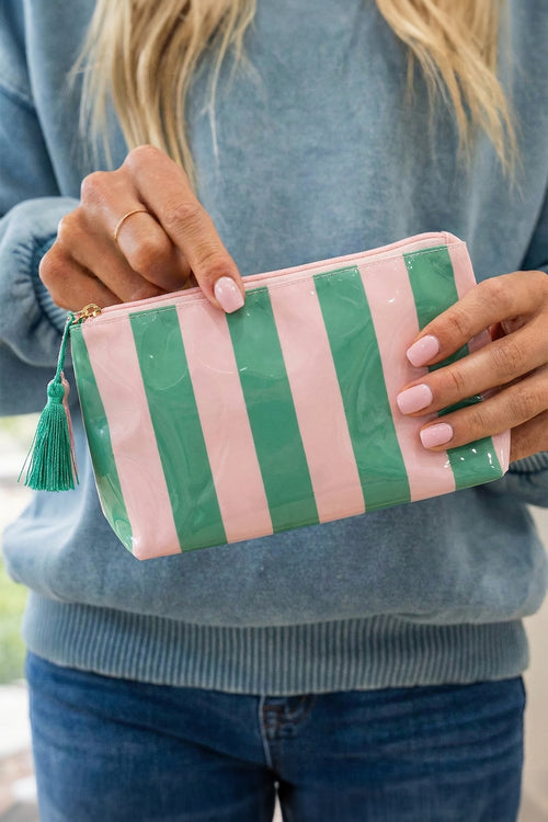 Dark Green Striped Vinyl Waterproof Tassel Zipper Makeup Bag