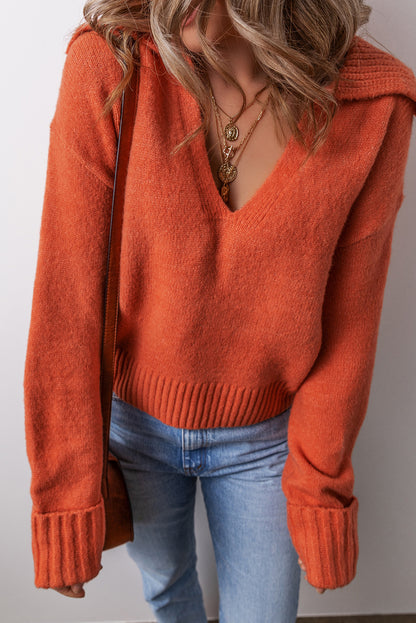 Racing Red Collared V Neck Ribbed Edge Sexy Elegant Sweater