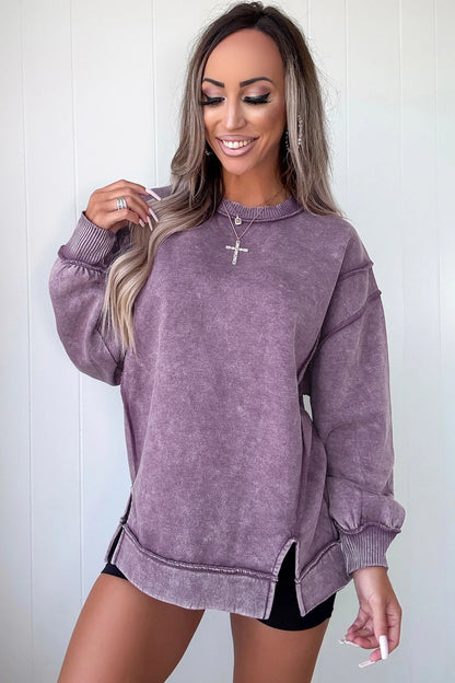 Red Sandalwood Mineral Wash Exposed Seam Side Slit Sweatshirt
