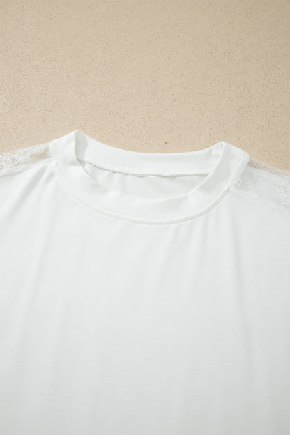 White Lace Patchwork Round Neck Long Sleeve Top