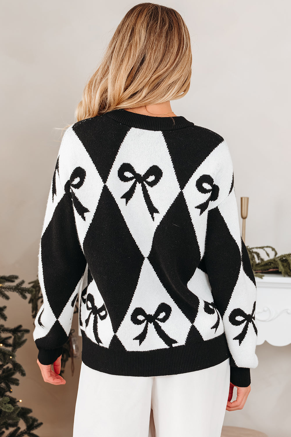 Red Bow Print 2-tone Rhombus Knit Loose Sweater