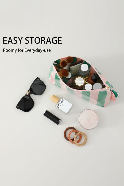 Dark Green Striped Vinyl Waterproof Tassel Zipper Makeup Bag