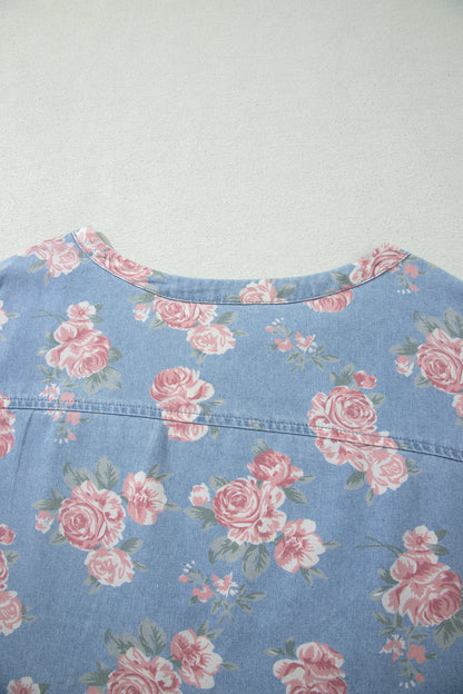 Sky Blue Floral Denim Short Sleeve Top Loose Shorts 2pcs Set