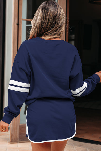 Tillandsia Purple Varsity Stripe Detail Drop Shoulder Pullover Mini Skort Set