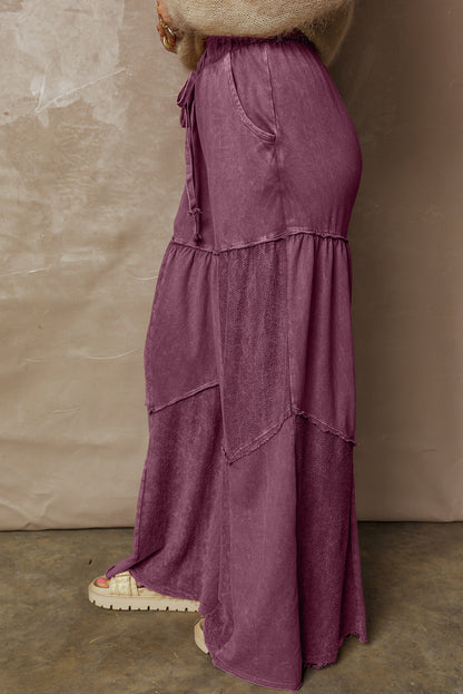 Vineyard Green Mineral Wash Tiered Wide Leg Patchwork Drawstring Pants