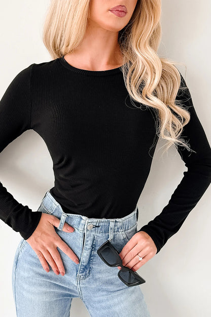 Mineral Red Ribbed Long Sleeve Crew Neck Solid Color Bodysuit