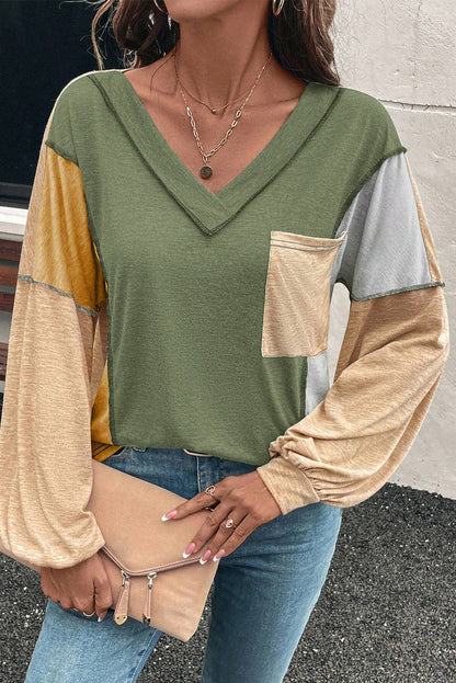 Sail Blue Exposed Stitching Colorblock V Neck Long Sleeve Top