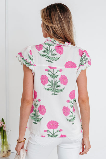 Blue Wild Flower Print Contrast Trim Scallop Detail Short Sleeve Blouse