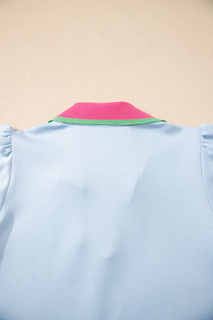 Beau Blue Color Contrast Ruffled Sleeve Collared V Neck Blouse