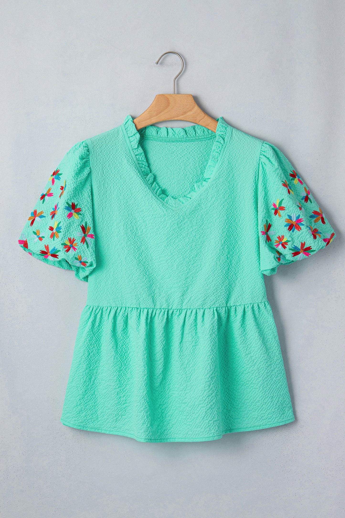 Sachet Pink Frilled V Neck Flower Embroidered Puff Sleeve Textured Blouse
