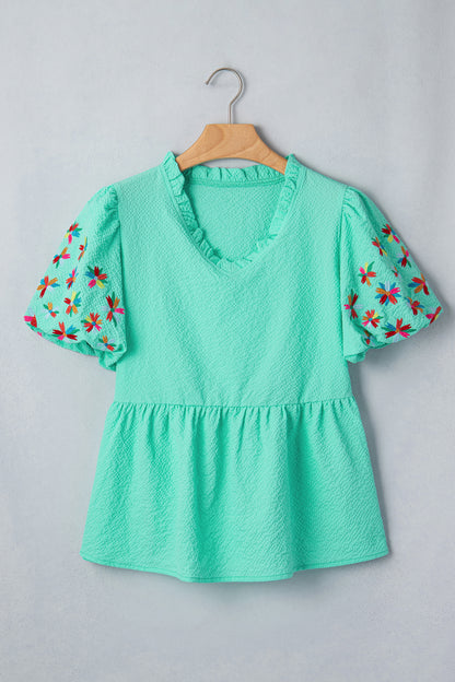 Sachet Pink Frilled V Neck Flower Embroidered Puff Sleeve Textured Blouse