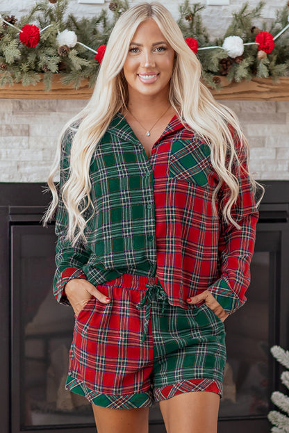 Dearlovers Red Plaid Contrast Patched Christmas Holiday Long Sleeve Shirt and Short 2pcs Pajama Set