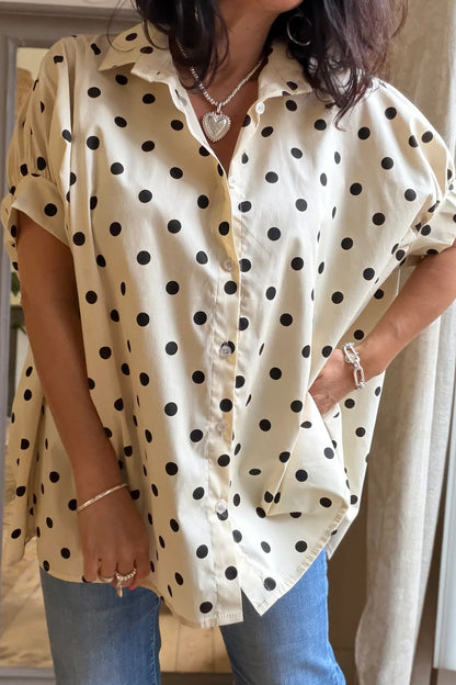 Beige Polka Dot Print Loose Dolman Shirt