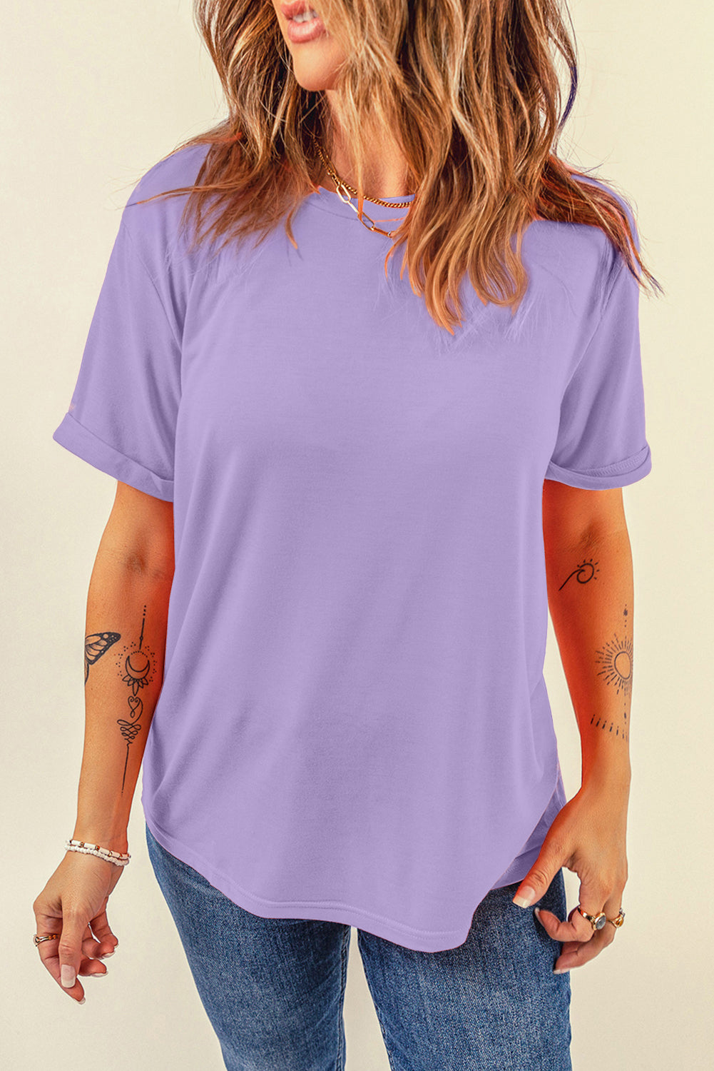 Sachet Pink Bright Casual Plain Crew Neck Tee