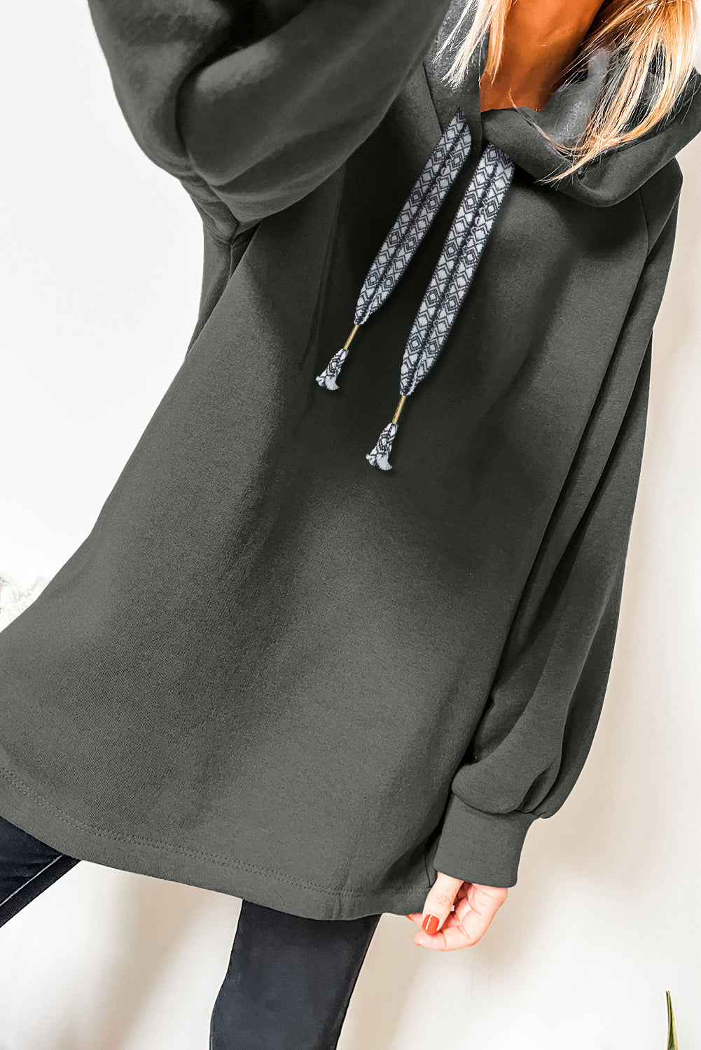 Dirty blue Fleece Lined Adjustable Drawstring Oversize Tunic Hoodie