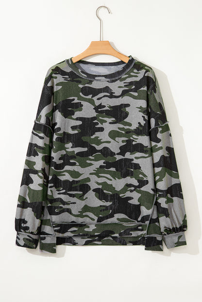 Brown Retro Camouflage Print Exposed Seam Patchwork Drop Shoulder Sweatshirt