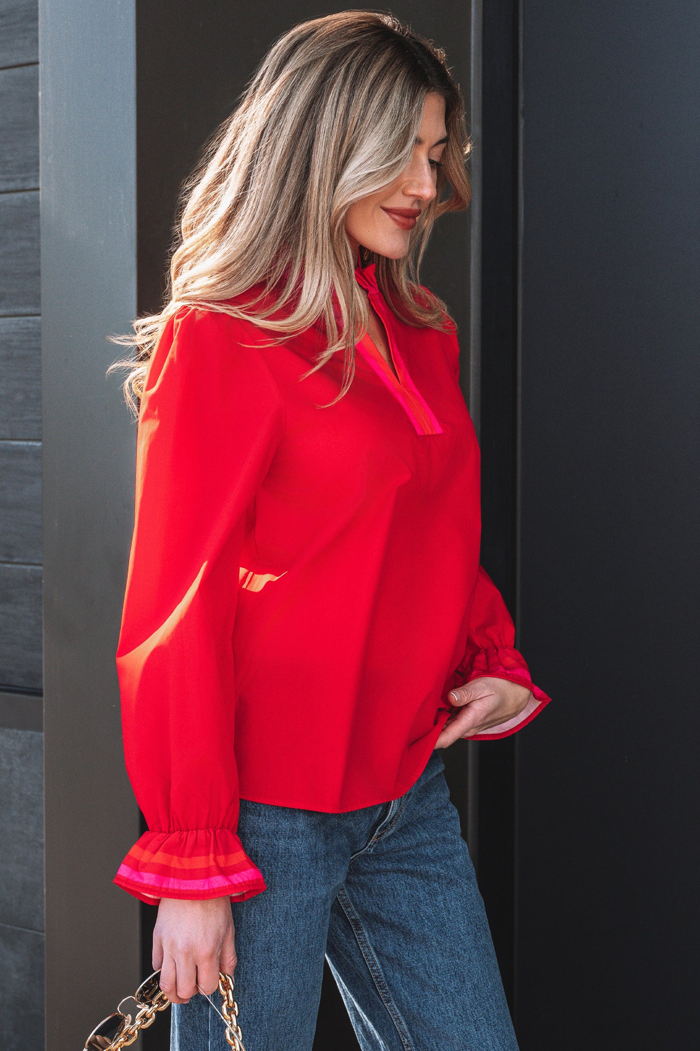 Four Leaf Clover Striped Trim Ruffle Split Neck Long Sleeve Blouse