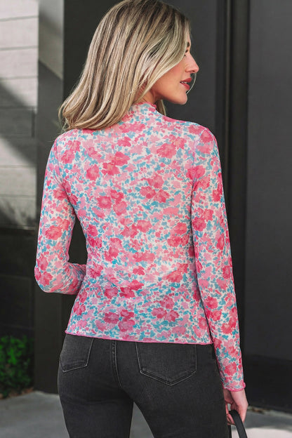 Oatmeal Western Print Slim Fit Mesh Long Sleeve Mock Neck Top