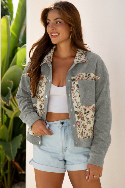 Clay Ribbed Retro Floral Patchwork Shirt Style Jacket