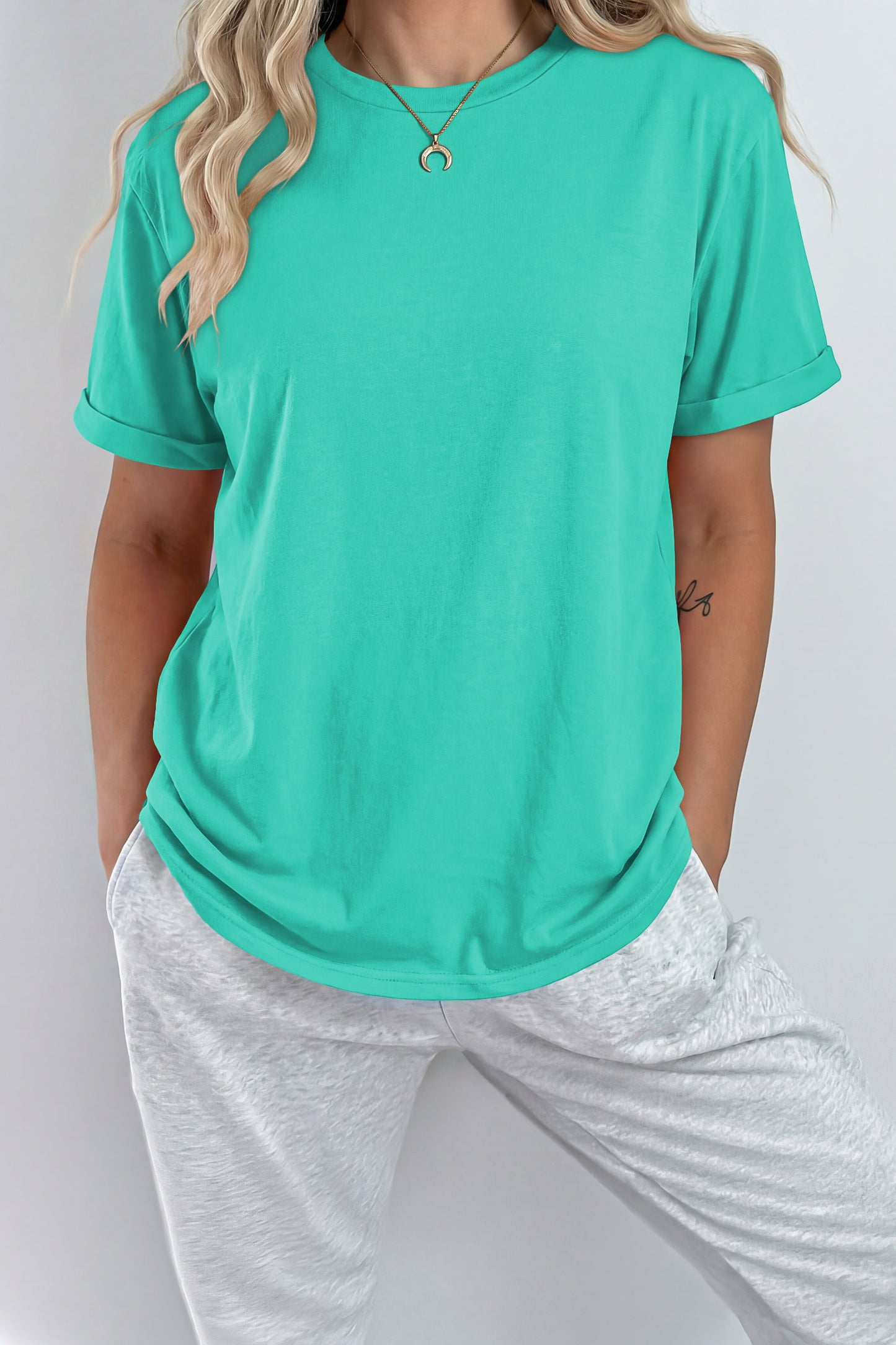 Sachet Pink Bright Casual Plain Crew Neck Tee