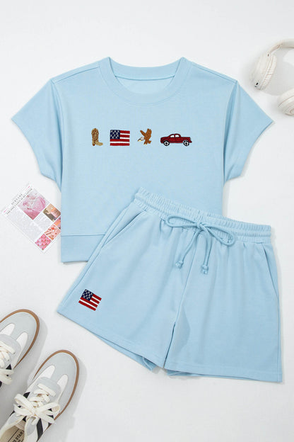 Mist Blue Western Patriotic Embroidered Flag Pattern Casual Two Piece Set