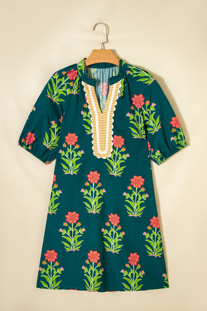 Green Floral Print Contrast Trim Striped Patchwork Short Sleeve Dress