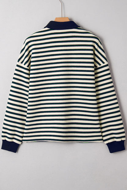 Racing Red Striped Print Contrast Collar Zip V Neck Long Sleeve Top