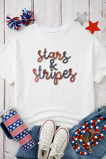 White Sequin stars & stripes Graphic Drop Shoulder Loose T Shirt