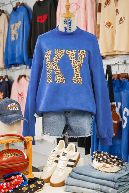 Dark Blue KENTUCKY Leopard KY Letter Print Reversible High Neck Sweatshirt