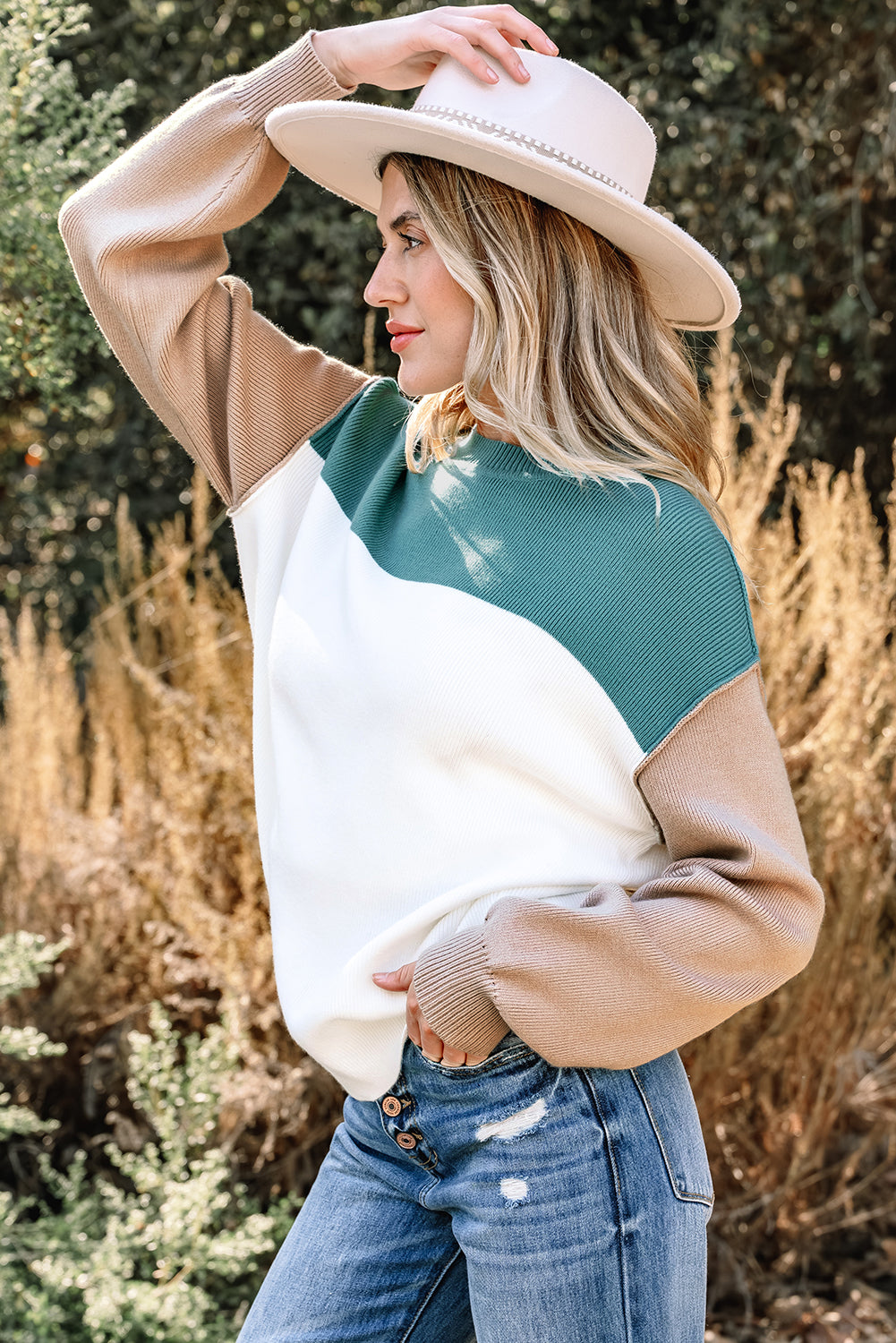 Khaki Color Block Plain Ribbed Knit Baggy Sweater