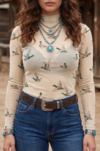 Beige High Neck Western Print Mesh Sheer Long Sleeve Top