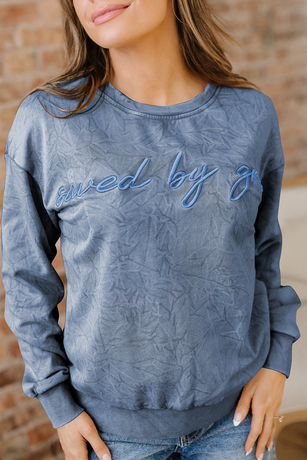 High-rise saved by grace Letter Embroidery Mineral Wash Loose Sweatshirt