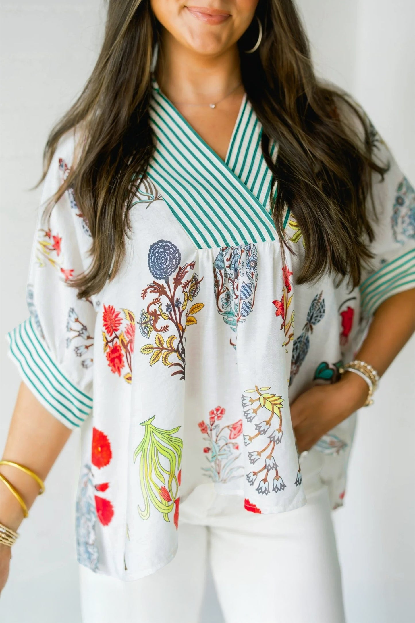Beige Floral Print Striped Contrast Trim V Neck Half Sleeve Blouse
